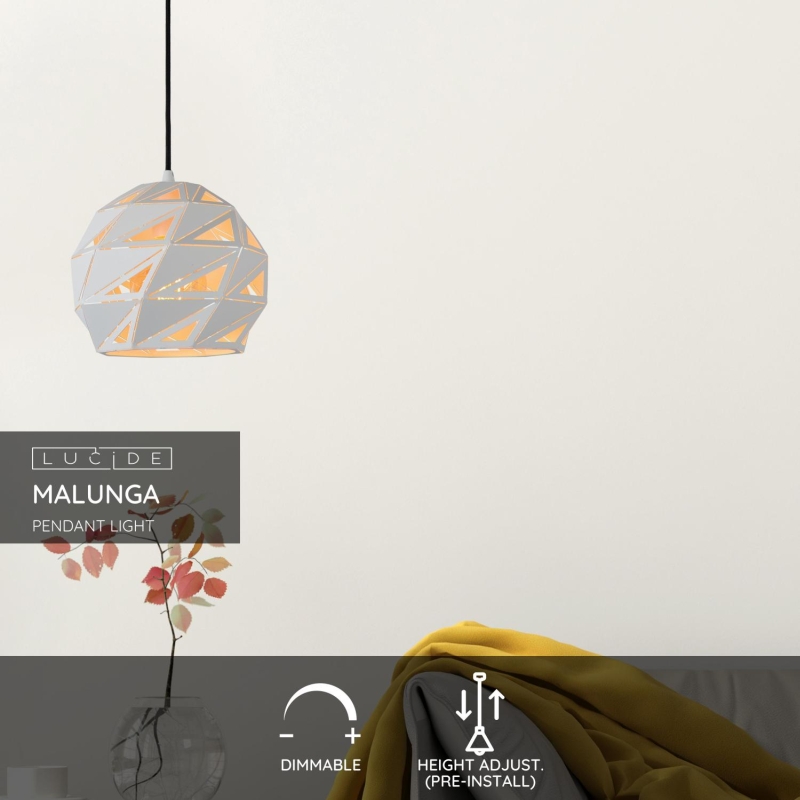 Lucide MALUNGA - Závesné svietidlo - Ø 25 cm - 1xE27 - Biele